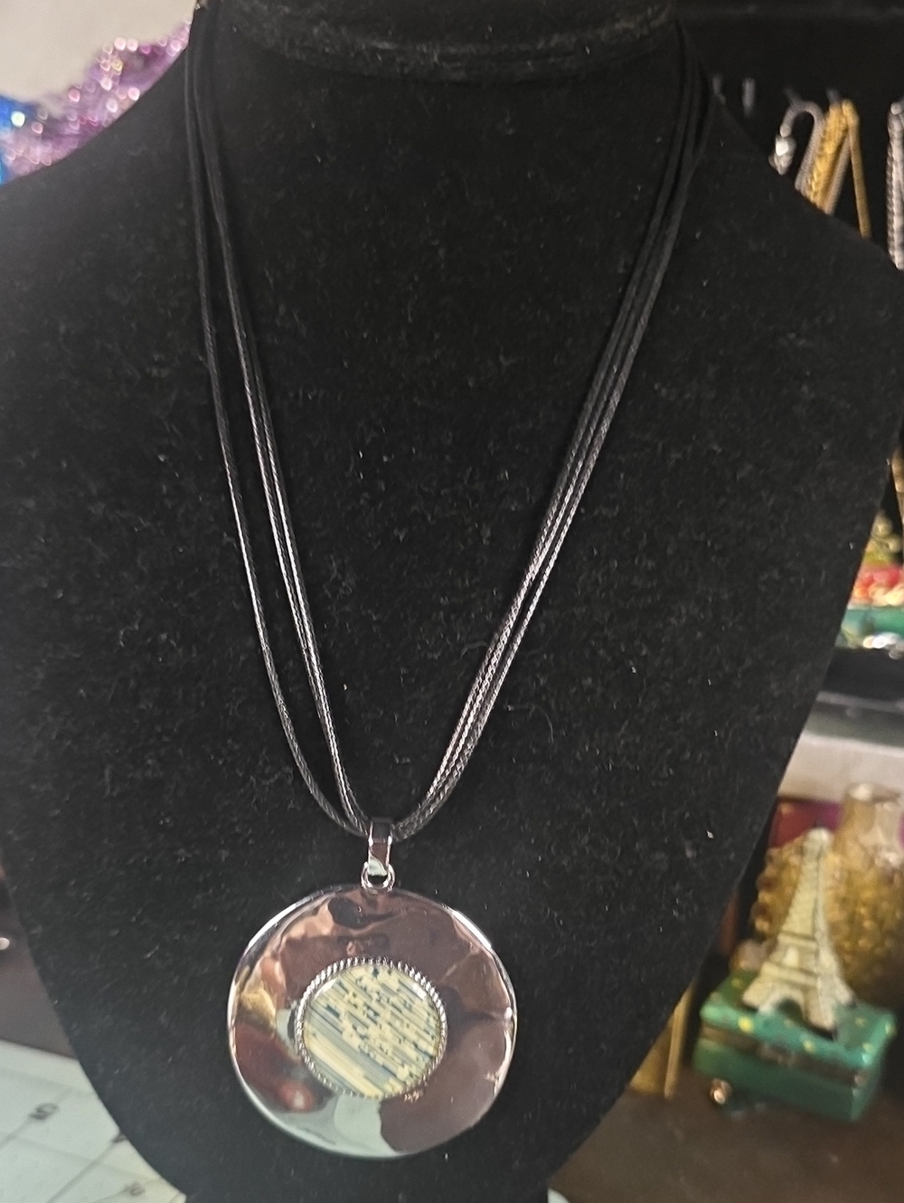 Chico's Silver Double Sided Round Pendant Necklace with Black Cord